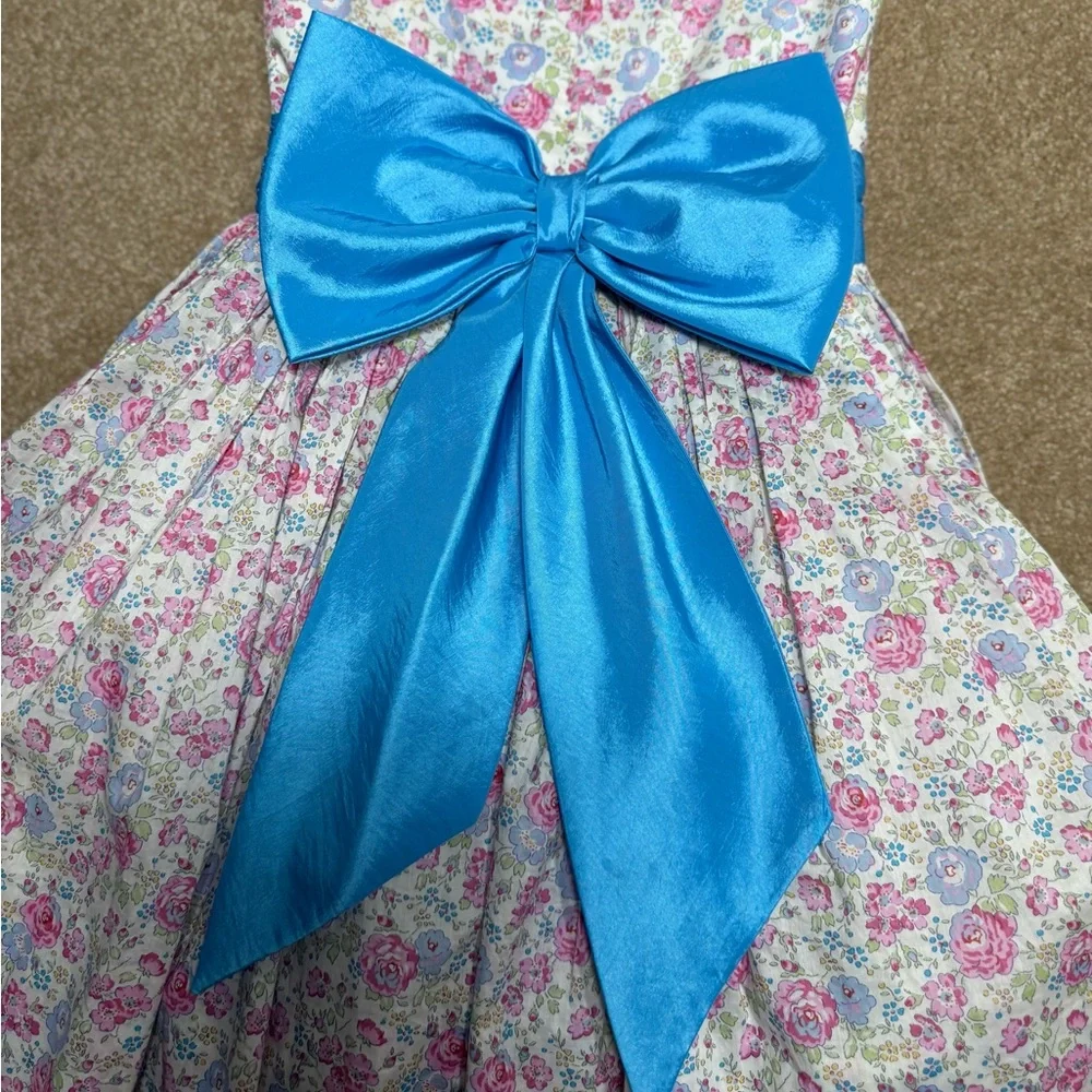 Girl’s Handmade‎ Floral Dress with Blue Bow, | Vintage Aesthetic | Size 5
